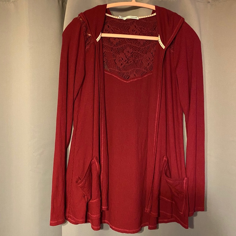 Maurices Lace Back Open Front Hooded Cardigan